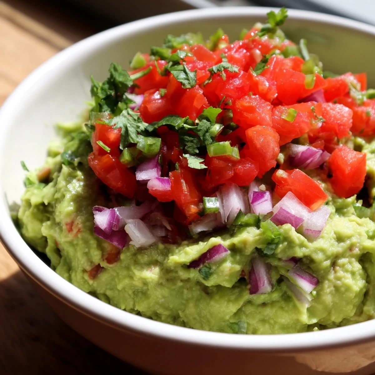 Freshly mashed avocado Game Day Guacamole with Salsa topped with chunky tomatoes and jalapeños for dipping.