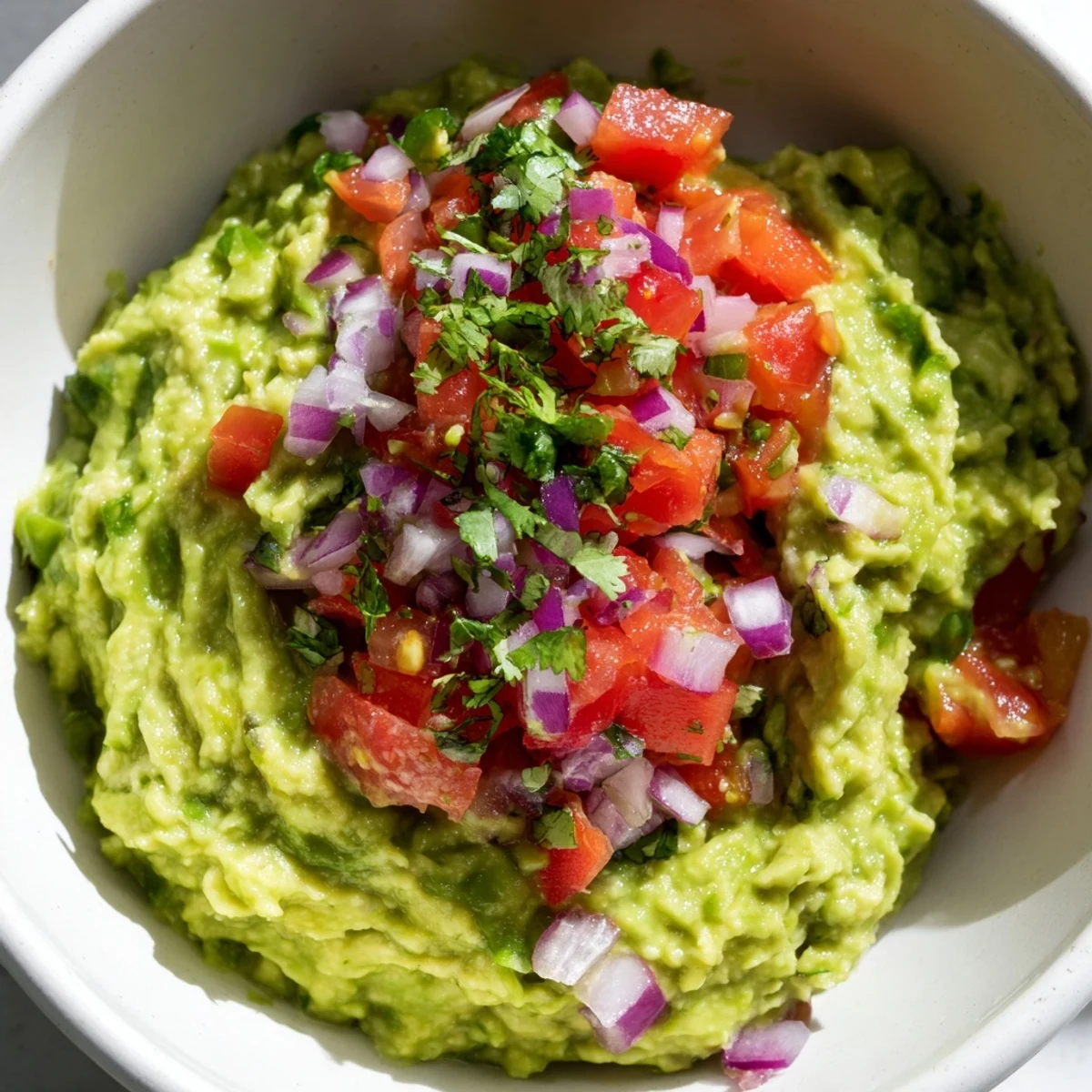 Zesty Game Day Guacamole with Salsa piled high with diced tomatoes and cilantro, served with crispy tortilla chips.