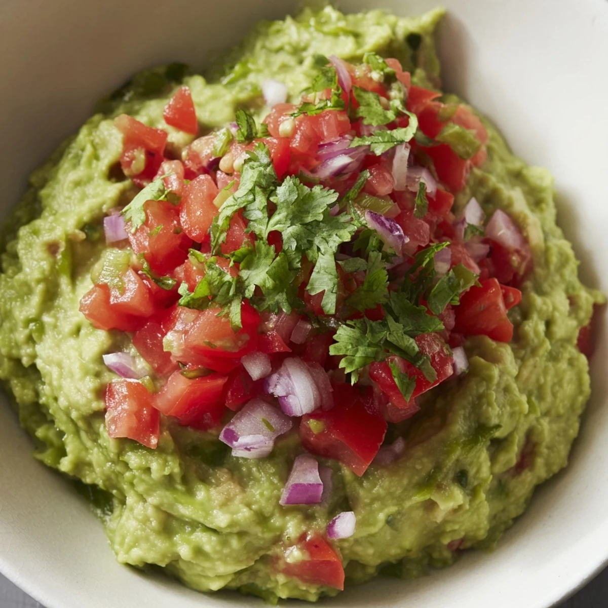 A vibrant bowl of Game Day Guacamole with Salsa and red onions, ready for a Super Bowl party spread.