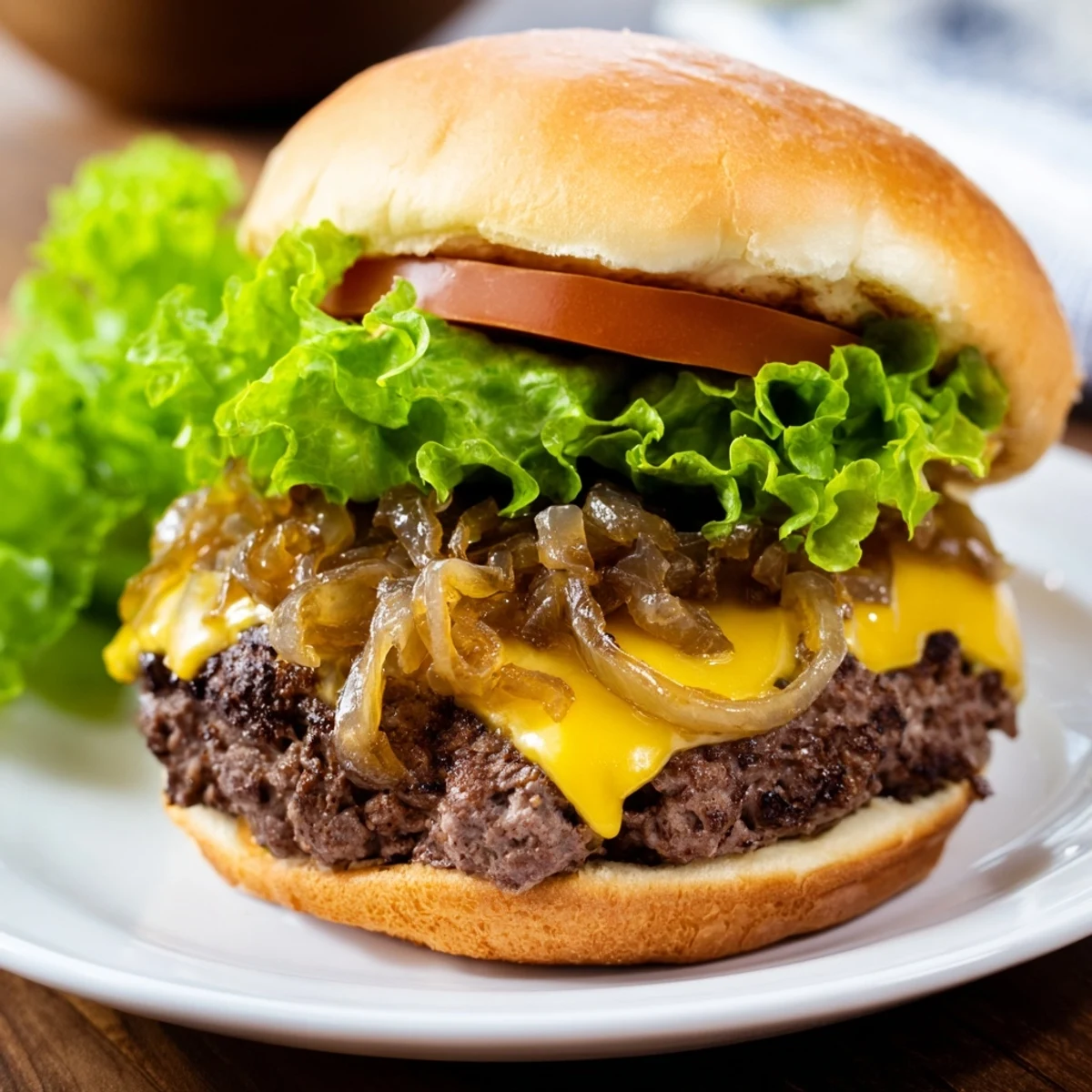 Golden-brown Classic Beef Burgers with Caramelized Onions melted with cheddar on toasted buns.
