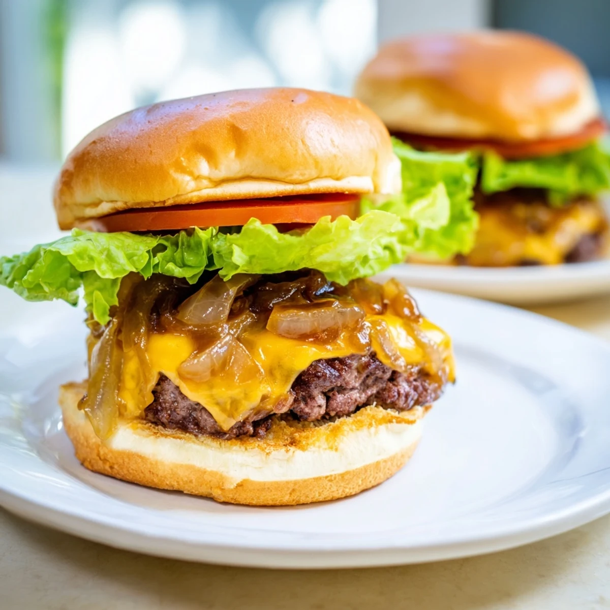 Sizzling Classic Beef Burgers with Caramelized Onions plated with pickles and condiments for serving.