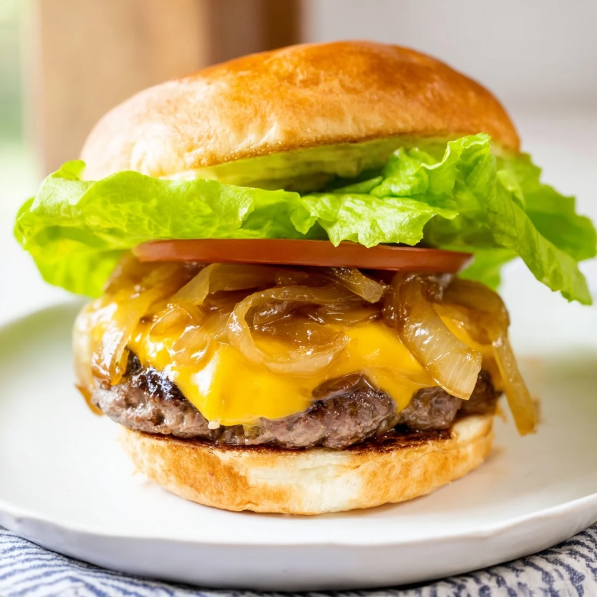 A close-up of Classic Beef Burgers with Caramelized Onions served with lettuce and tomato.