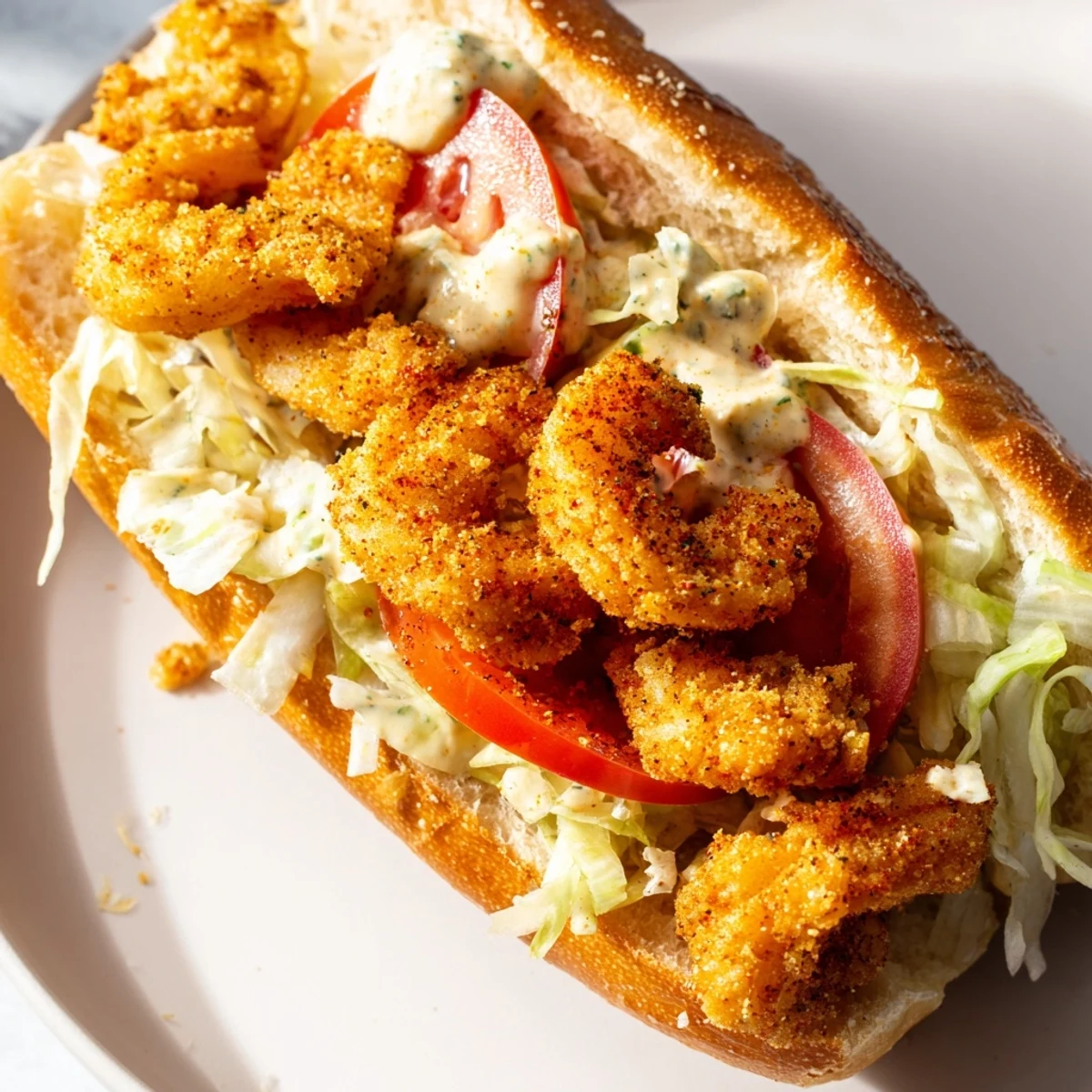 A platter of Southern Shrimp Po Boy with Remoulade features golden, crispy fried shrimp loaded into a French roll with fresh lettuce and tomatoes.