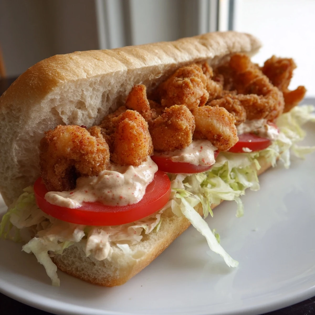 The Southern Shrimp Po Boy with Remoulade showcases a toasted roll stuffed with crunchy shrimp, pickles, and creamy zesty remoulade sauce.