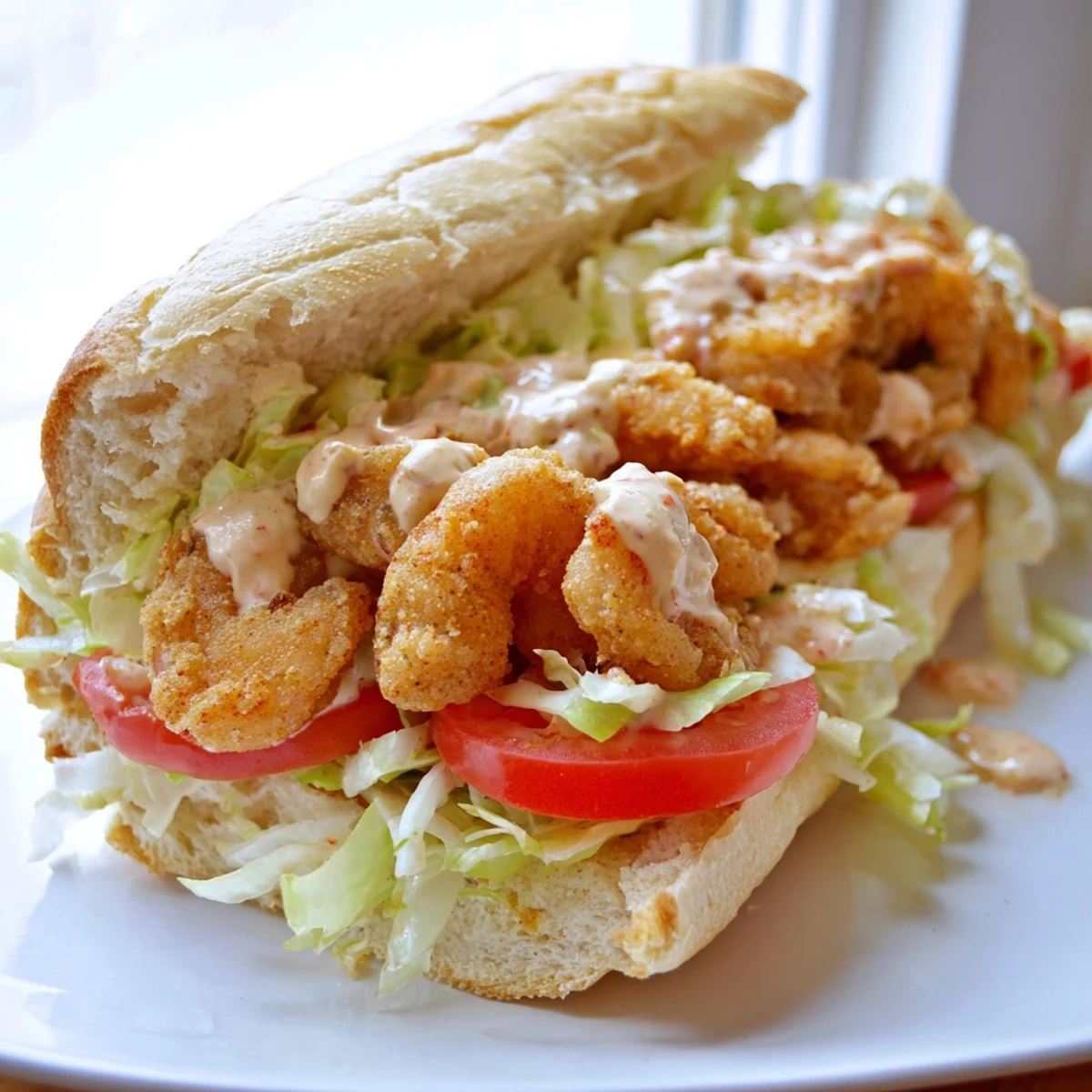 Close up on a Southern Shrimp Po Boy with Remoulade, where juicy fried shrimp and shredded lettuce sit on a baguette with a side of remoulade.