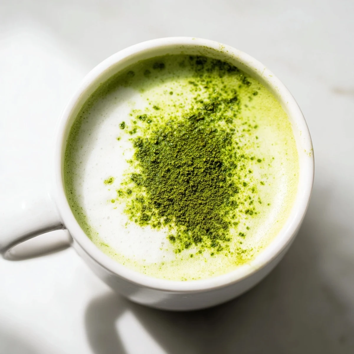 Earthy matcha and frothy almond milk combine in this vibrant green latte, served warm in a cozy mug with morning light.