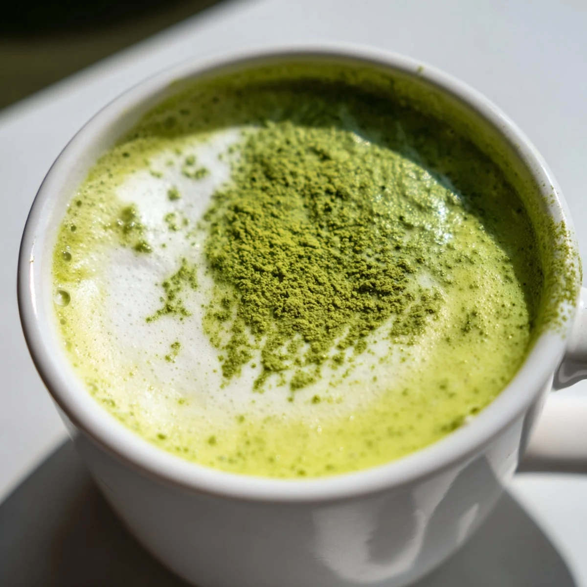 Vegan green matcha latte with almond milk, prepared in 10 minutes, garnished with matcha powder alongside a sweet pastry.