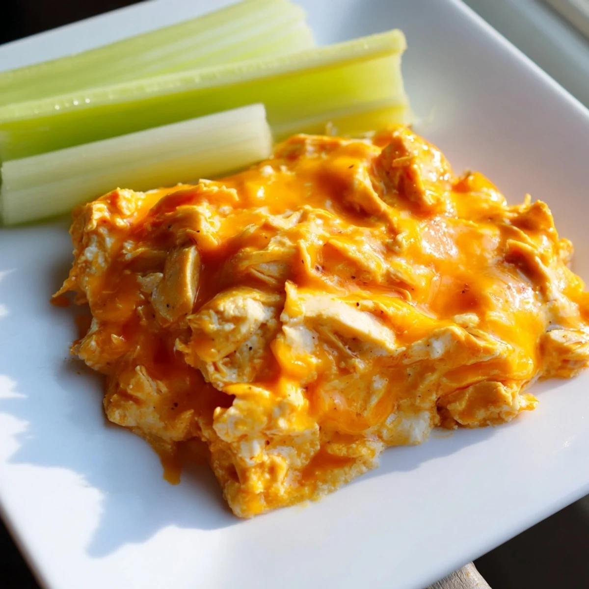 Golden, bubbly Spicy Buffalo Chicken Dip with celery sticks in a rustic baking dish, steaming after oven baking.