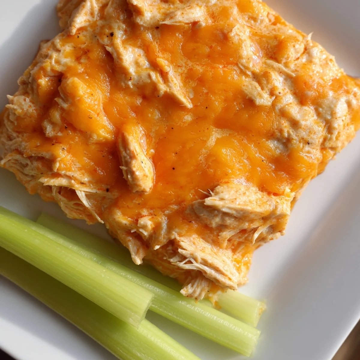 Creamy, tangy Spicy Buffalo Chicken Dip served with crisp celery sticks on a white plate for dipping.