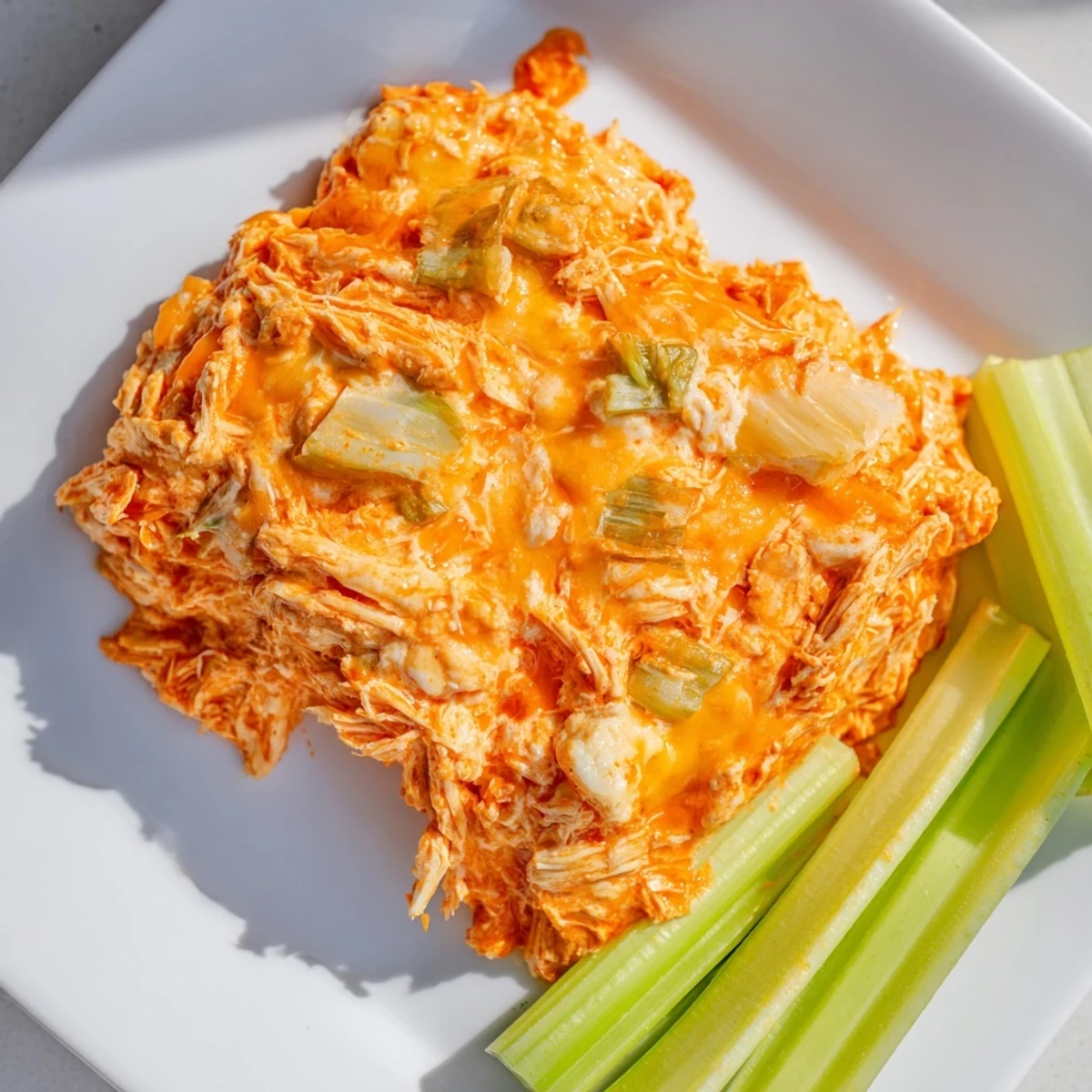 A rich, spicy Spicy Buffalo Chicken Dip garnished with fresh herbs, ready for game day snacking with celery.