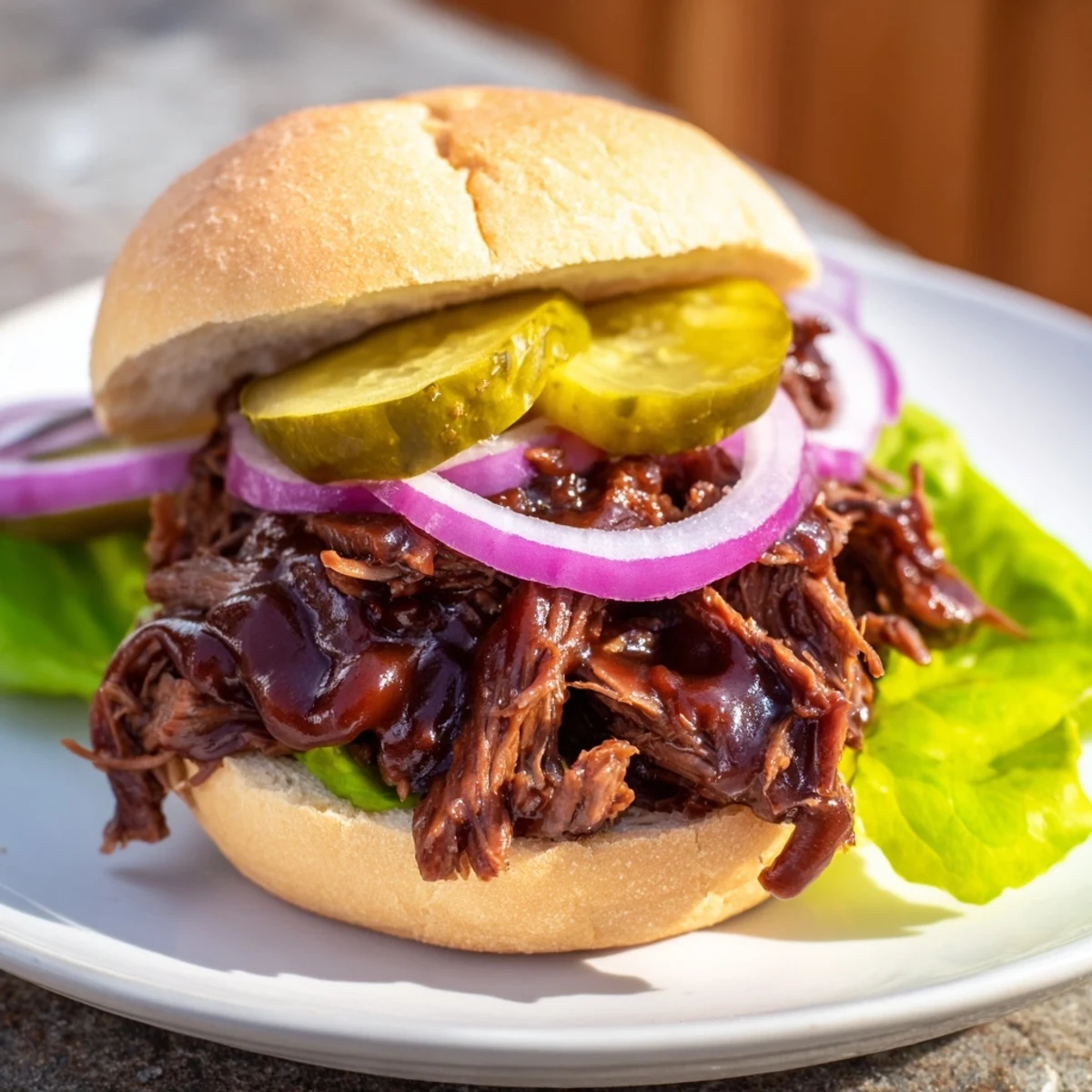 Fork-tender beef, slow roasted for hours, is piled onto soft buns for these BBQ sauce pulled beef sandwiches, ideal for a comforting family dinner.