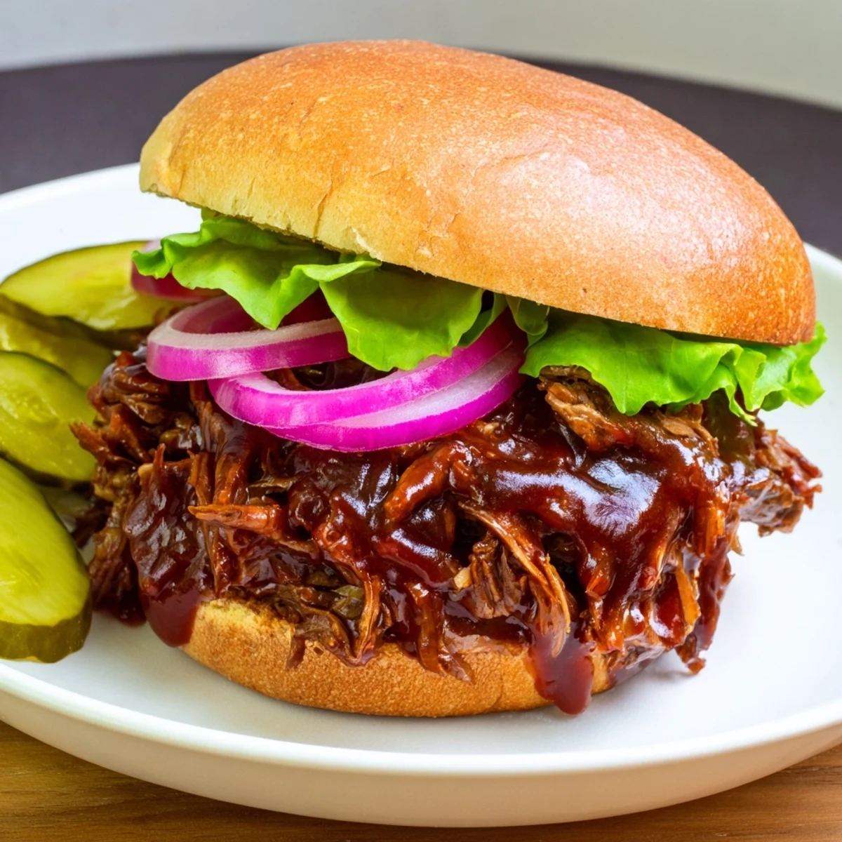 Golden BBQ sauce glistens over slow roasted pulled beef sandwiches, layered with crisp lettuce and pickles for a satisfying, juicy texture at a backyard meal.