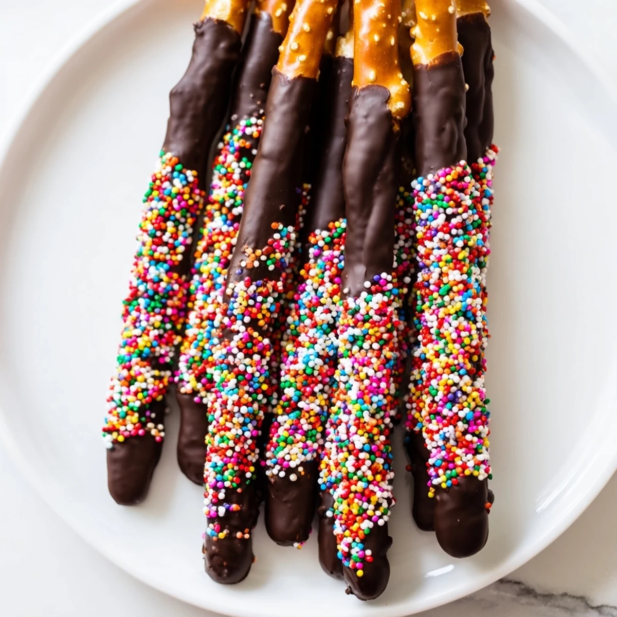 Chocolate dipped pretzels with Valentine sprinkles, displayed on a plate for an easy, festive snack.  