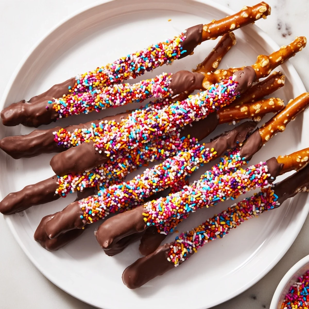 Crunchy pretzel rods dipped in creamy chocolate and decorated with colorful Valentine's Day sprinkles for a sweet treat.