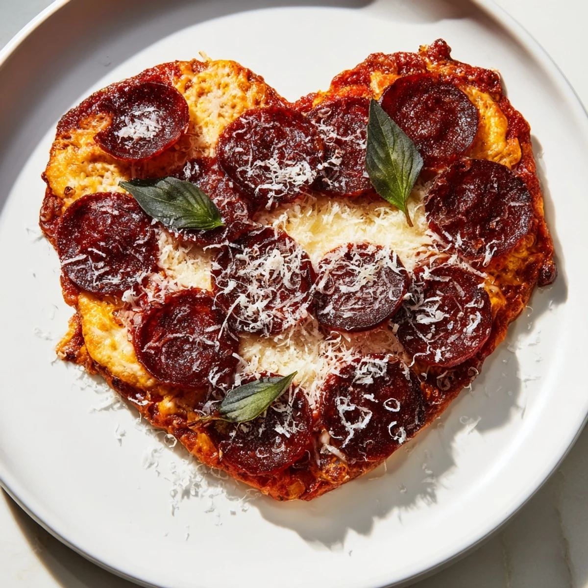 A close-up view of a heart shaped beef pepperoni pizza, bubbling with gooey mozzarella and fresh basil garnish.