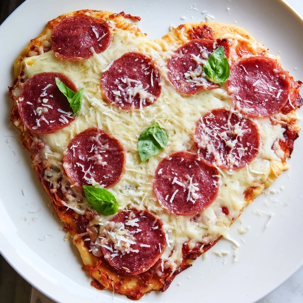 Golden-brown heart shaped beef pepperoni pizza slices reveal melted mozzarella and savory pepperoni on a rustic wooden board.