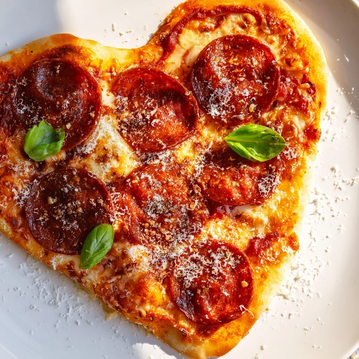 Homemade heart shaped beef pepperoni pizza sits on a cooling rack, steam rising from its crisp, golden crust.