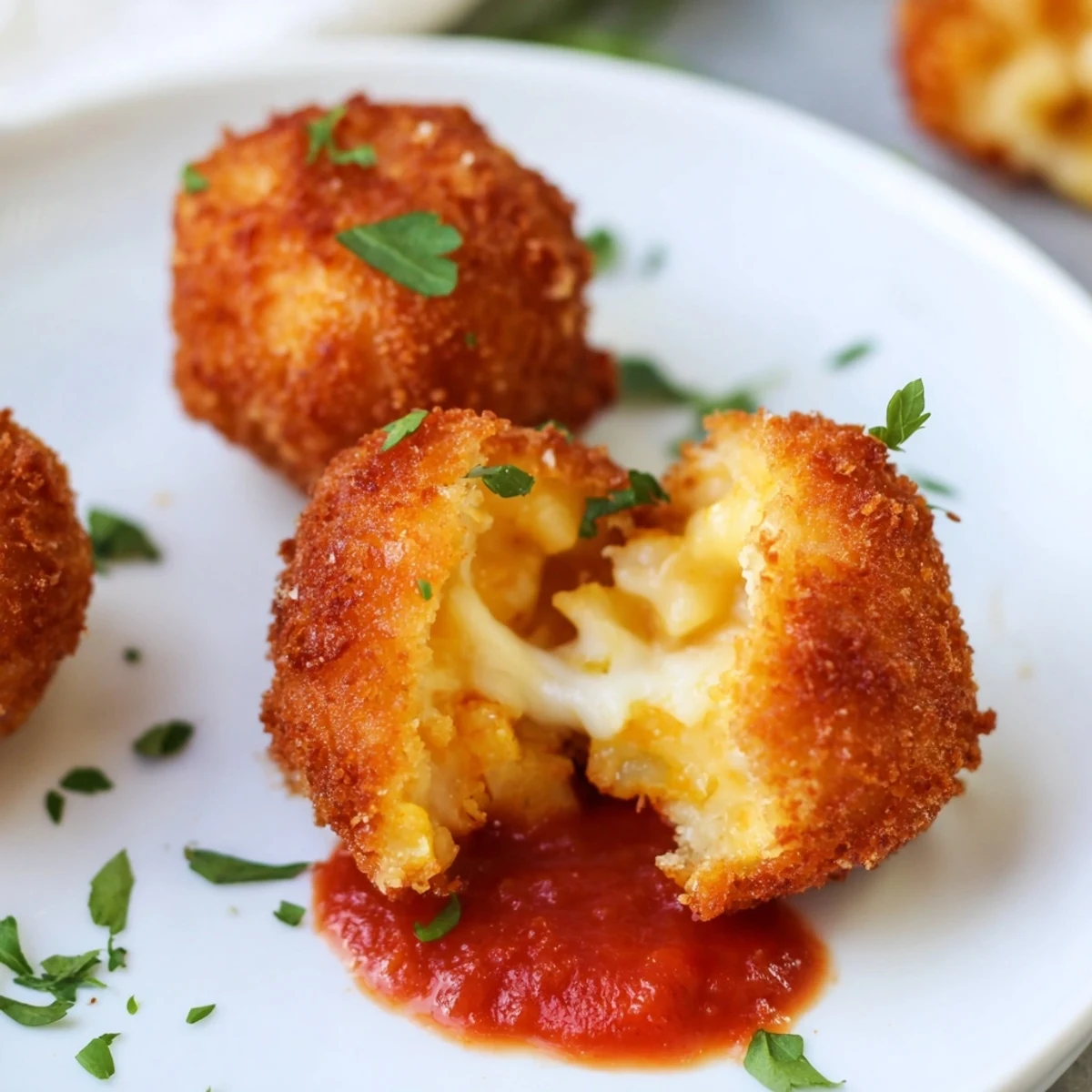 Freshly fried macaroni and cheese balls with a golden, crispy coating and a gooey center, served with warm marinara dip.
