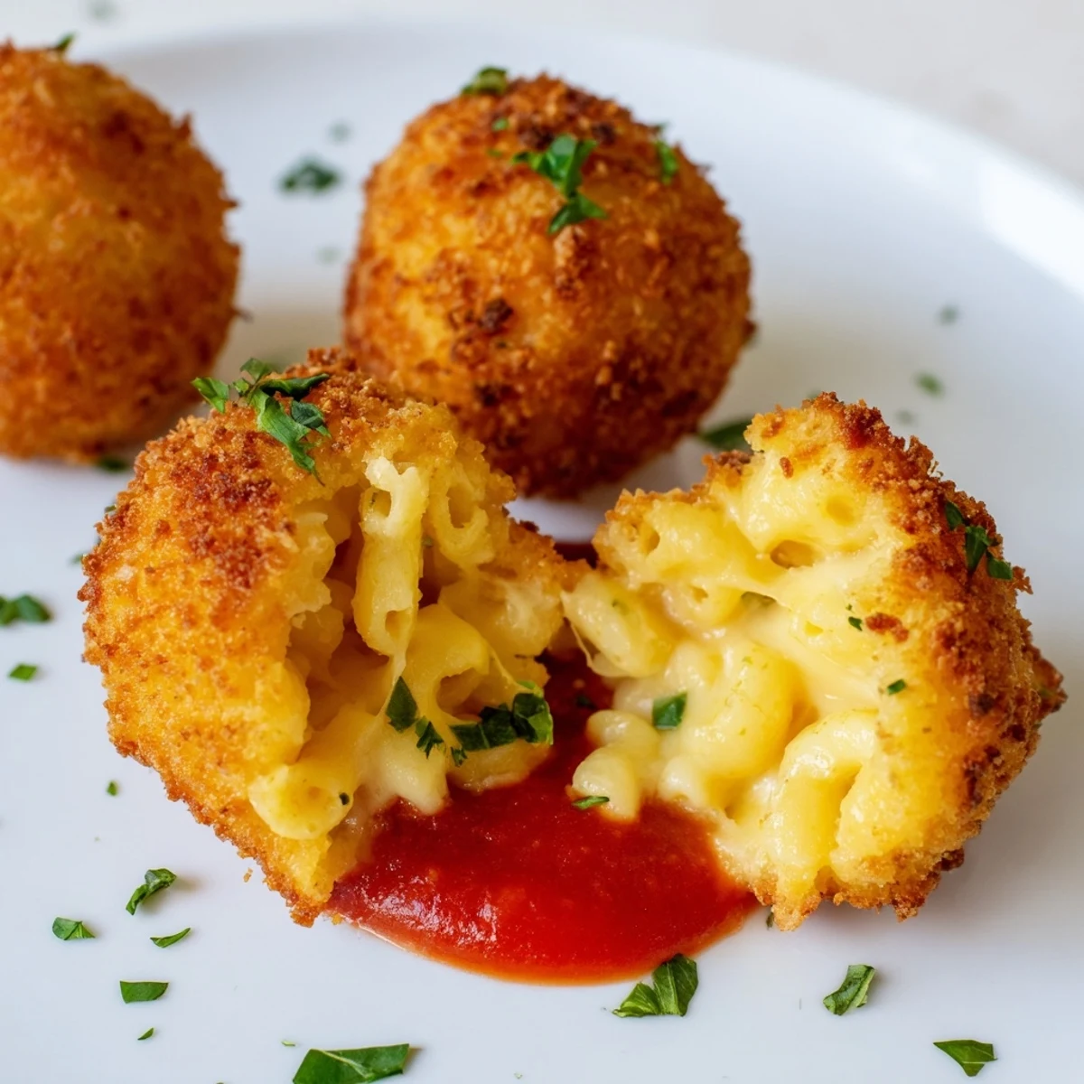A close-up of golden-brown fried macaroni and cheese balls with melty cheddar and mozzarella inside, accompanied by marinara.