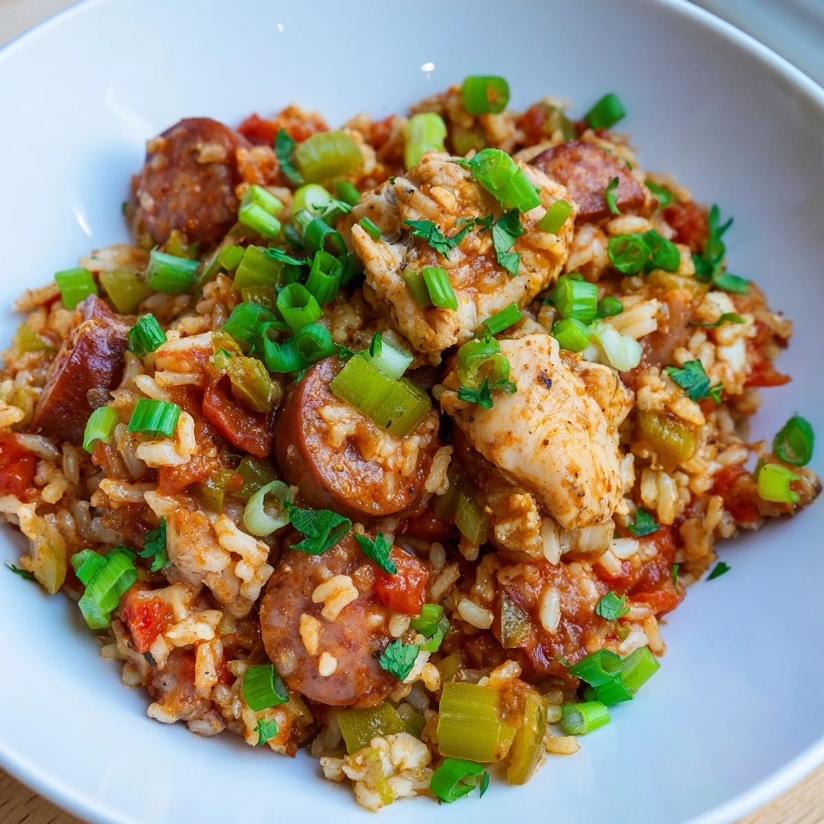 Spicy jambalaya with chicken and turkey andouille sausage served in a rustic bowl, garnished with fresh parsley and green onions.  