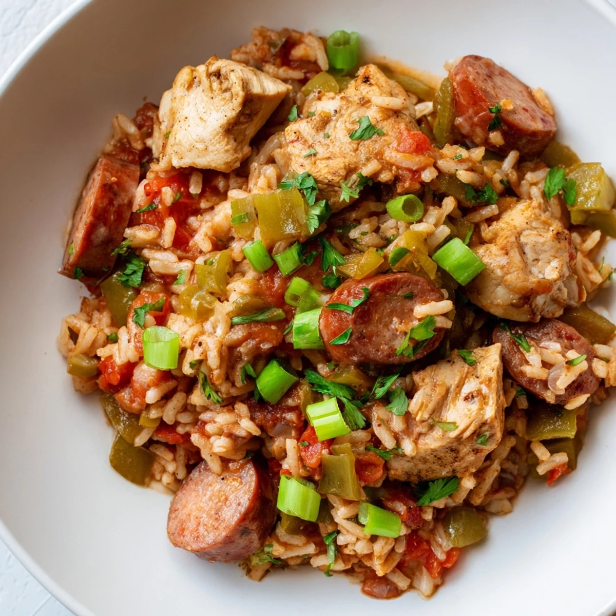 Hearty Creole jambalaya features tender chicken, smoky turkey andouille sausage, and aromatic vegetables over fluffy rice.  