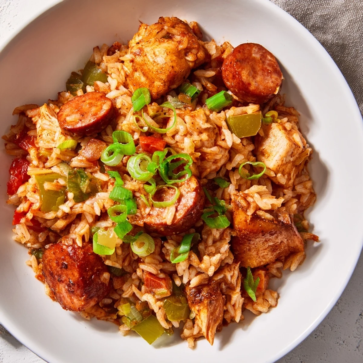 A close-up of jambalaya with chicken and turkey andouille sausage, showcasing colorful peppers and spices in a Dutch oven.