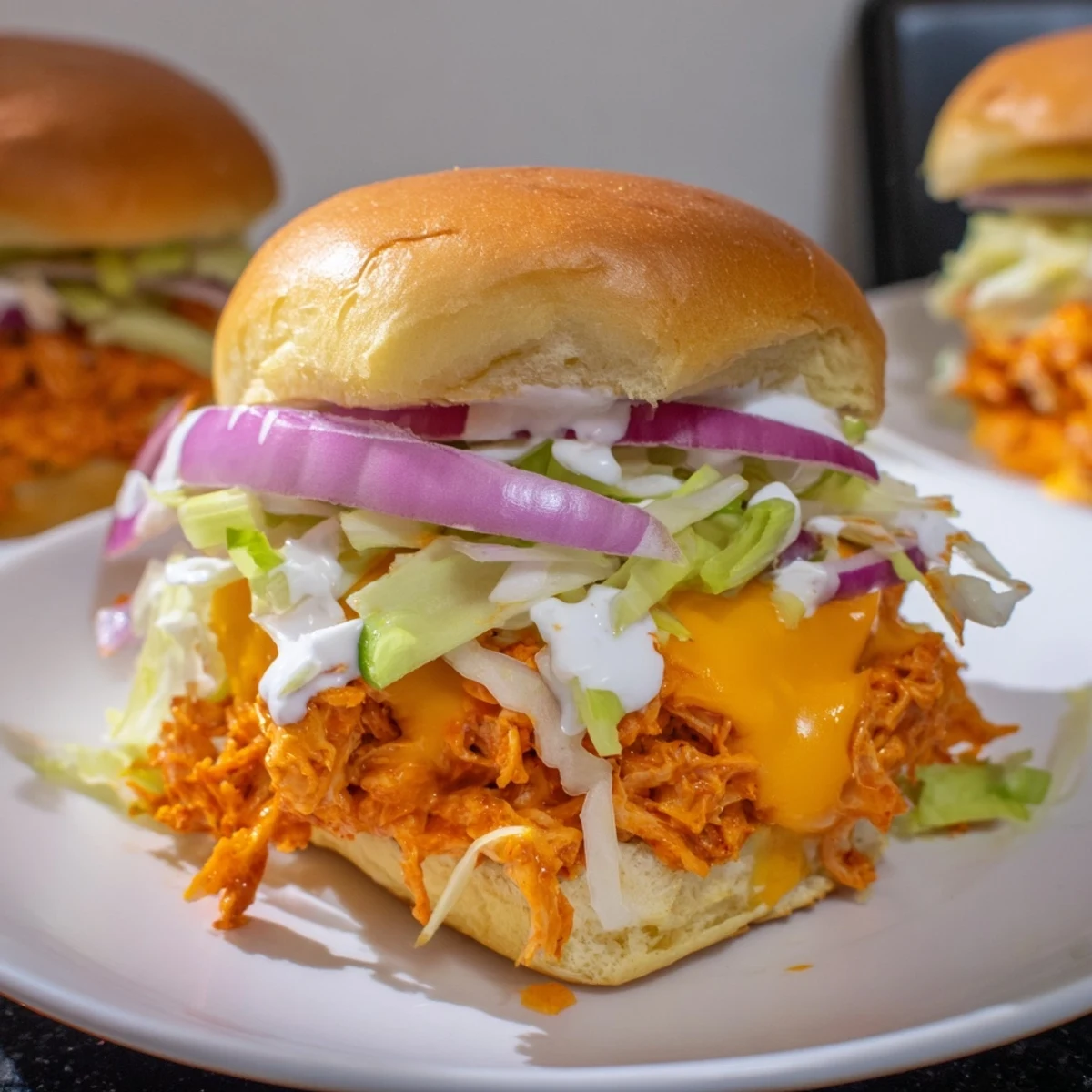 Golden Buffalo Chicken Sliders with Ranch Dressing served on a platter, garnished with crisp lettuce and red onion slices.  