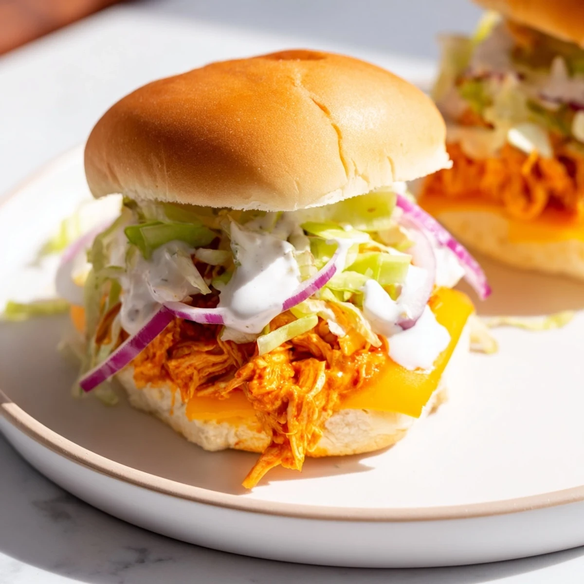 Freshly assembled Buffalo Chicken Sliders with Ranch Dressing on a board, ready for game day snacking.