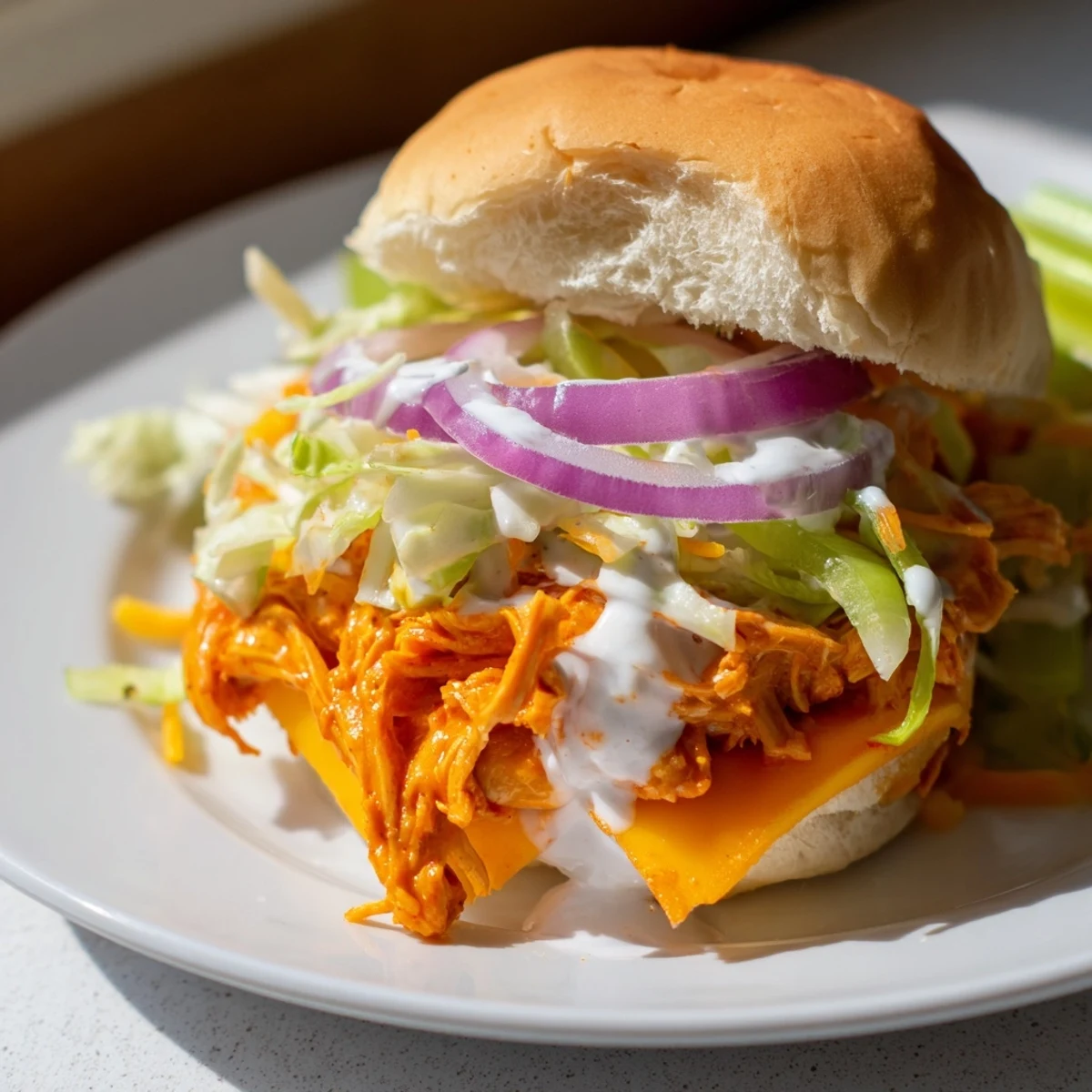 Spicy shredded Buffalo chicken piled onto mini buns, drizzled with creamy ranch dressing and topped with celery.  