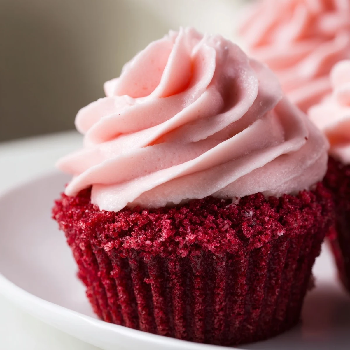 Vibrant Red Velvet Cupcakes with Pink Cream Cheese Frosting piped high, sitting on a rustic wooden table with a glass of milk.