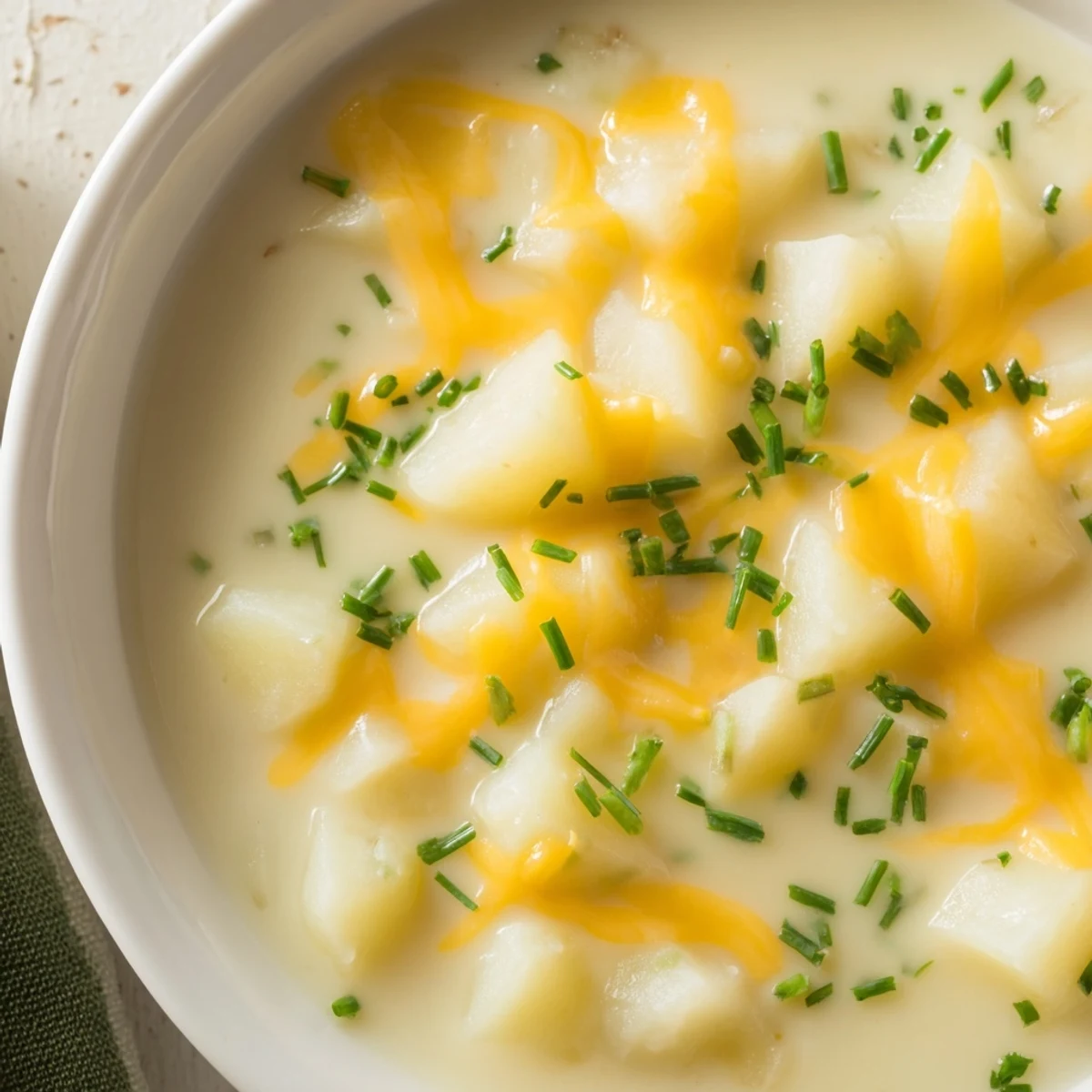A bowl of creamy Irish Potato Soup with Cheddar and Chives, topped with extra melted cheese and fresh green herbs for a cozy meal.
