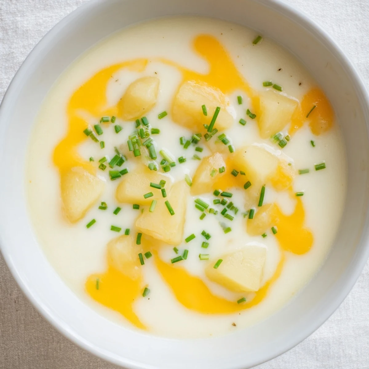 Steaming Irish Potato Soup with Cheddar and Chives in a rustic bowl, featuring smooth texture and a sprinkle of chopped chives for garnish.