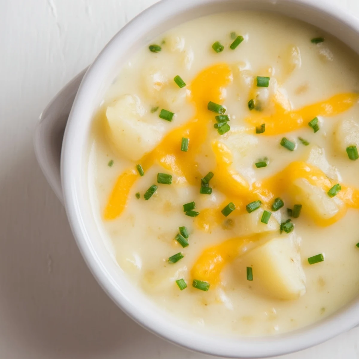 Homemade Irish Potato Soup with Cheddar and Chives served with crusty bread, highlighting a rich, velvety consistency and vibrant green toppings.