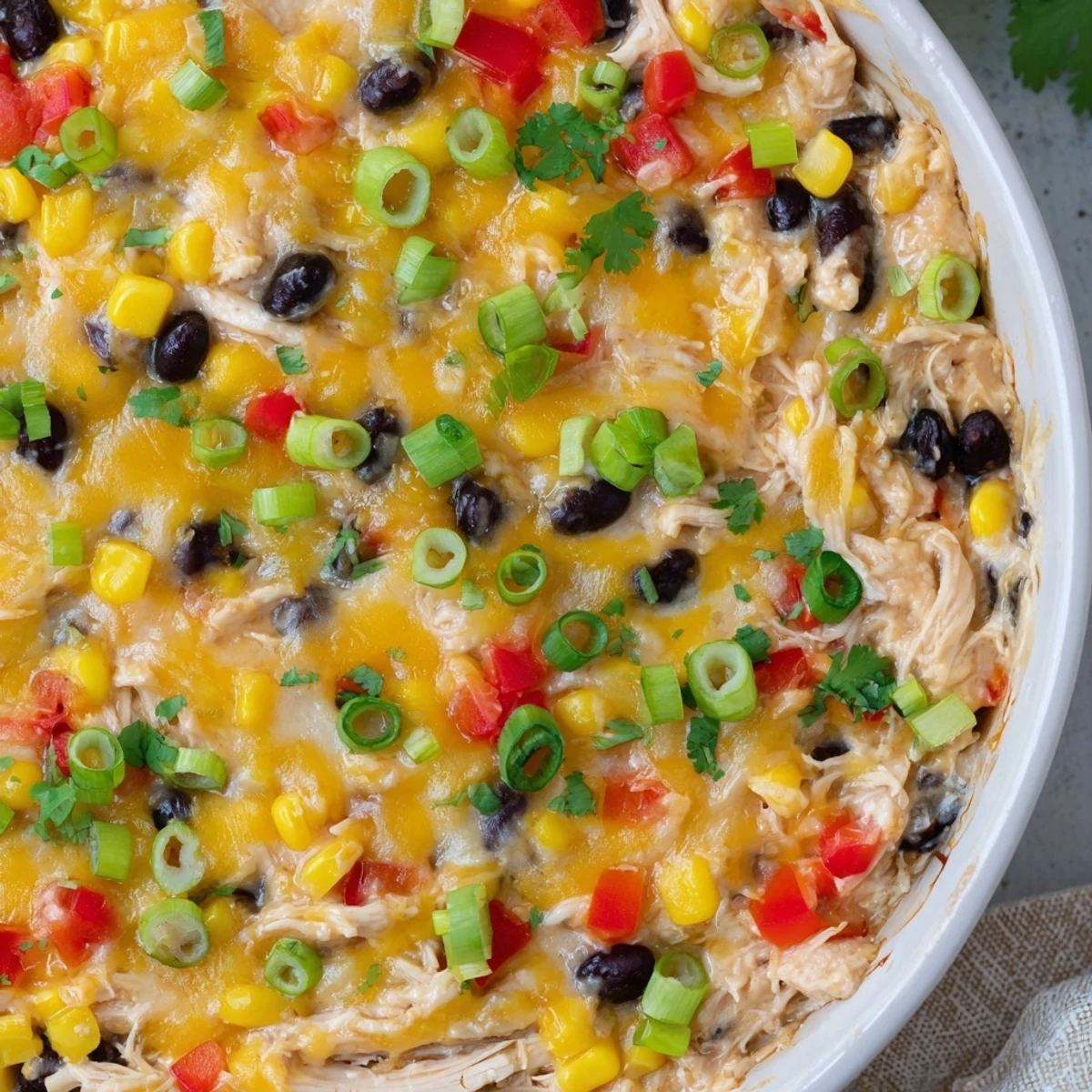 Golden, bubbly Chicken Enchilada Dip with melted cheese and chopped cilantro, served warm in a baking dish.