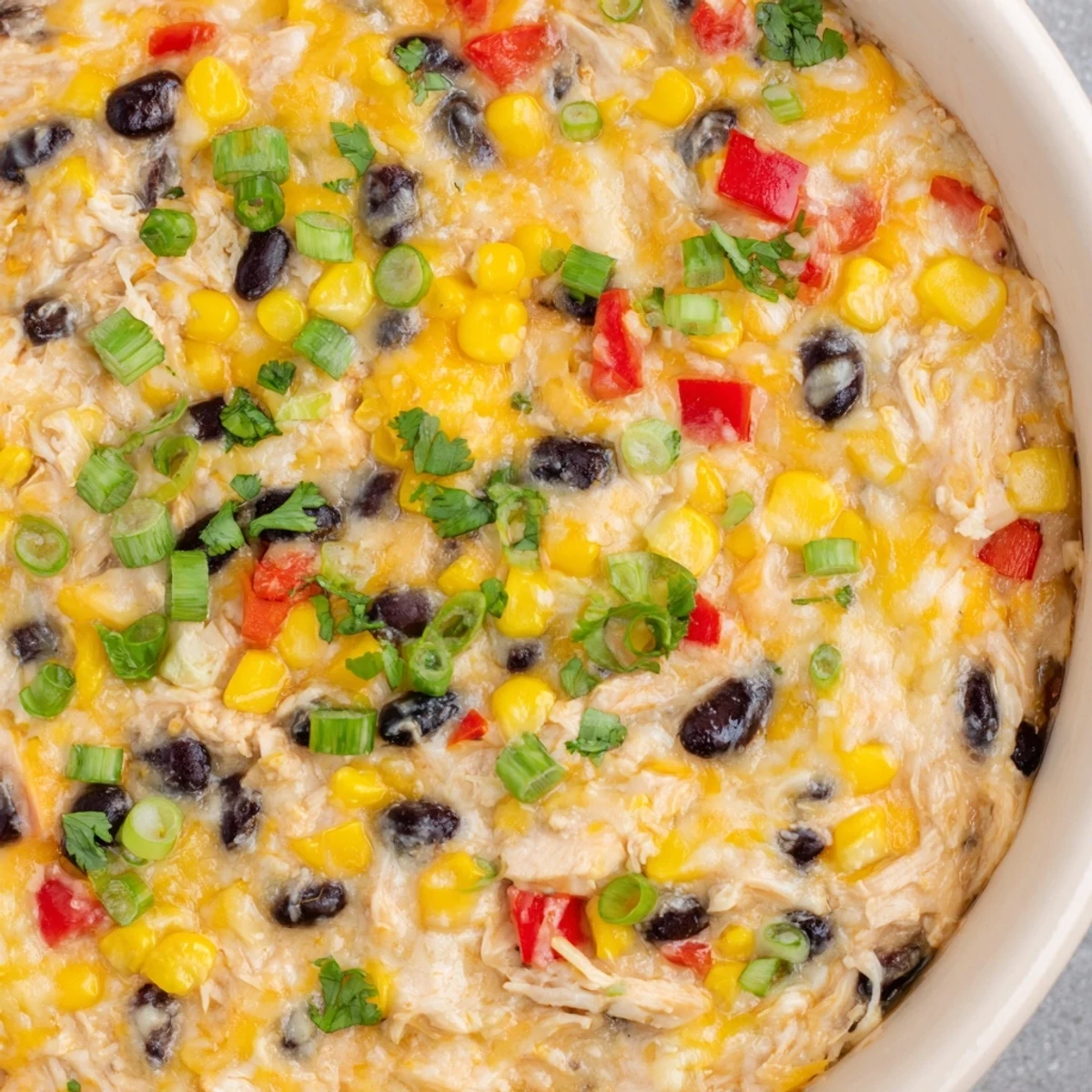 Bubbling hot Chicken Enchilada Dip topped with melted cheese, green onions, and cilantro in a 9-inch dish.