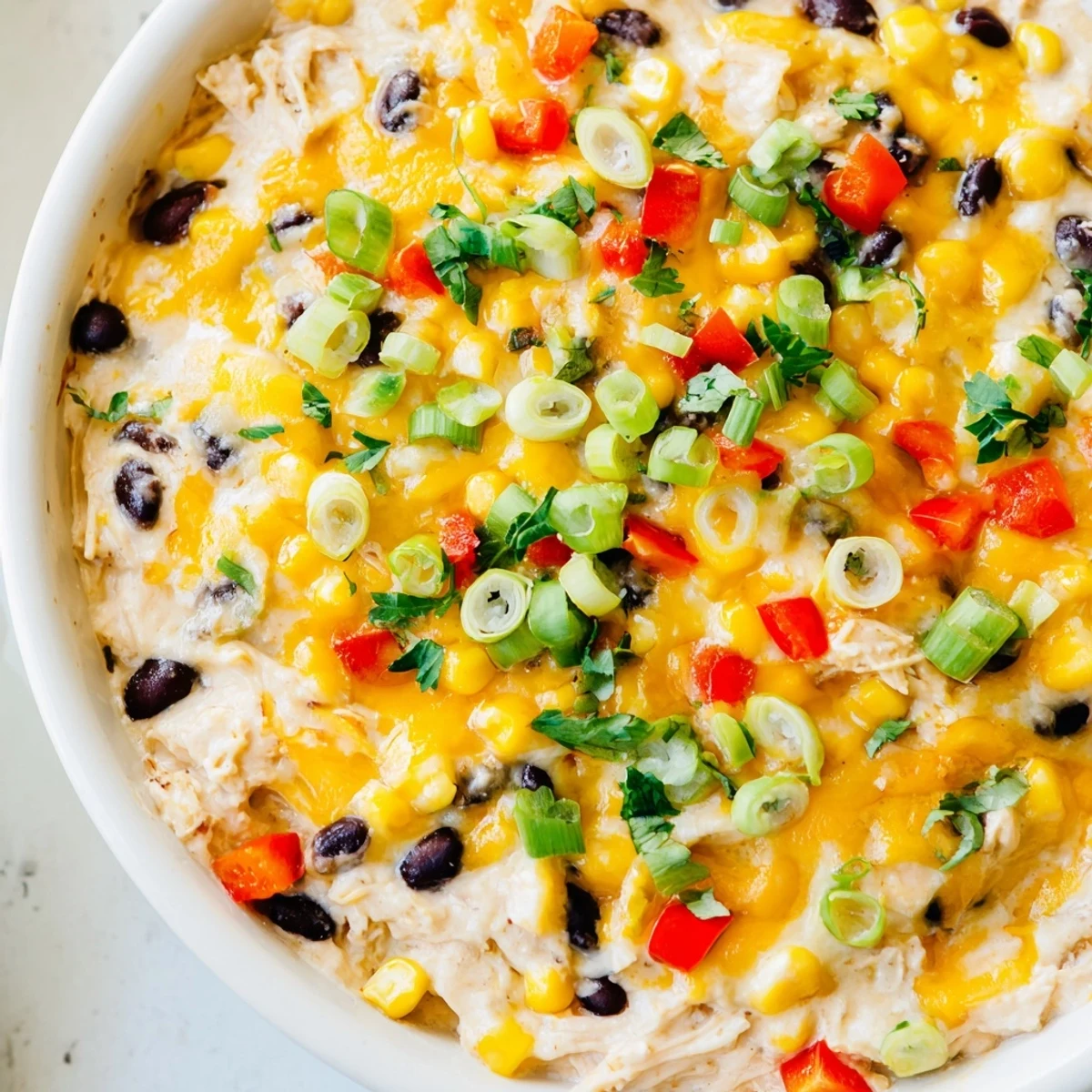 A creamy scoop of Chicken Enchilada Dip with shredded chicken and red sauce on a blue corn chip.