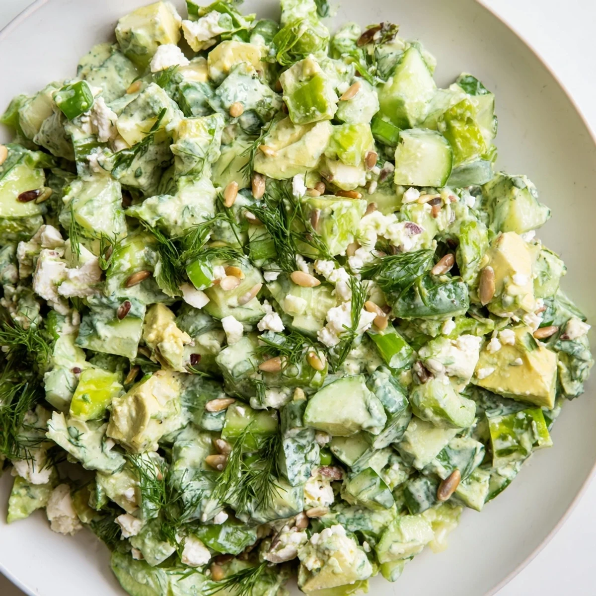 A close-up of the vibrant Green Goddess Salad with Cucumber and Avocado, featuring diced crisp vegetables and creamy avocado chunks in a green herbed dressing.