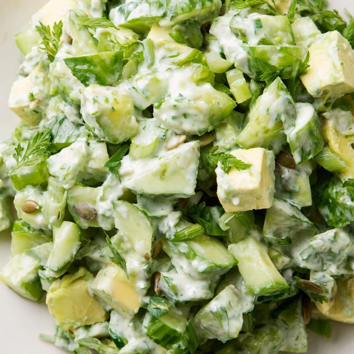 Freshly tossed Green Goddess Salad with Cucumber and Avocado in a rustic white bowl, garnished with crumbled feta and toasted pumpkin seeds.