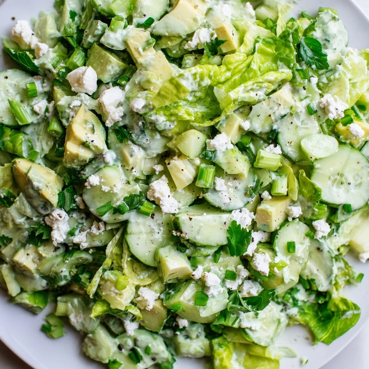 A serving of Green Goddess Salad with Cucumber and Avocado on a bright tablecloth, showcasing the creamy dressing coating crisp romaine and herbs.
