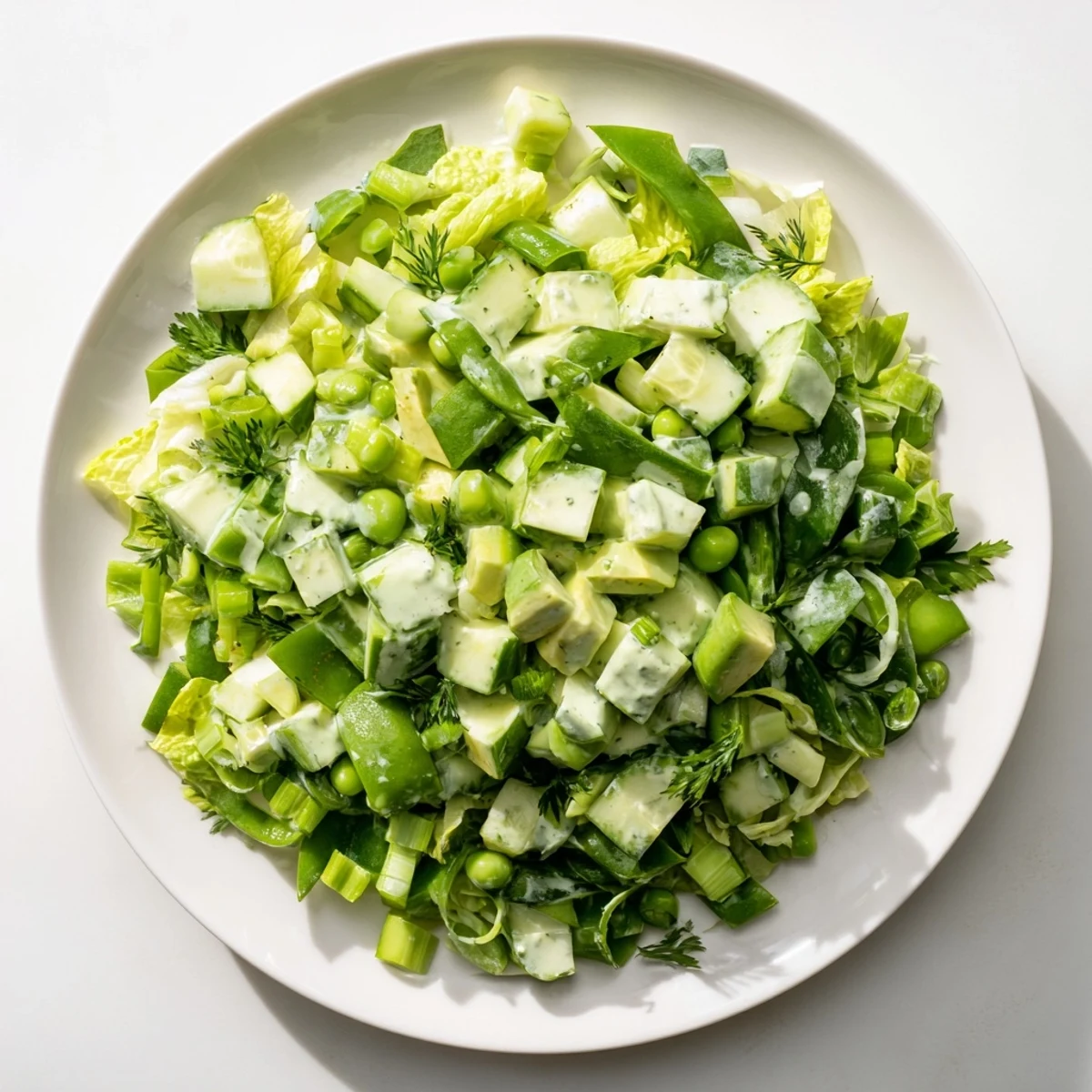 A top-down view of Green Goddess Salad, showcasing diced cucumbers, avocado chunks, and crunchy snap peas tossed in green dressing.  