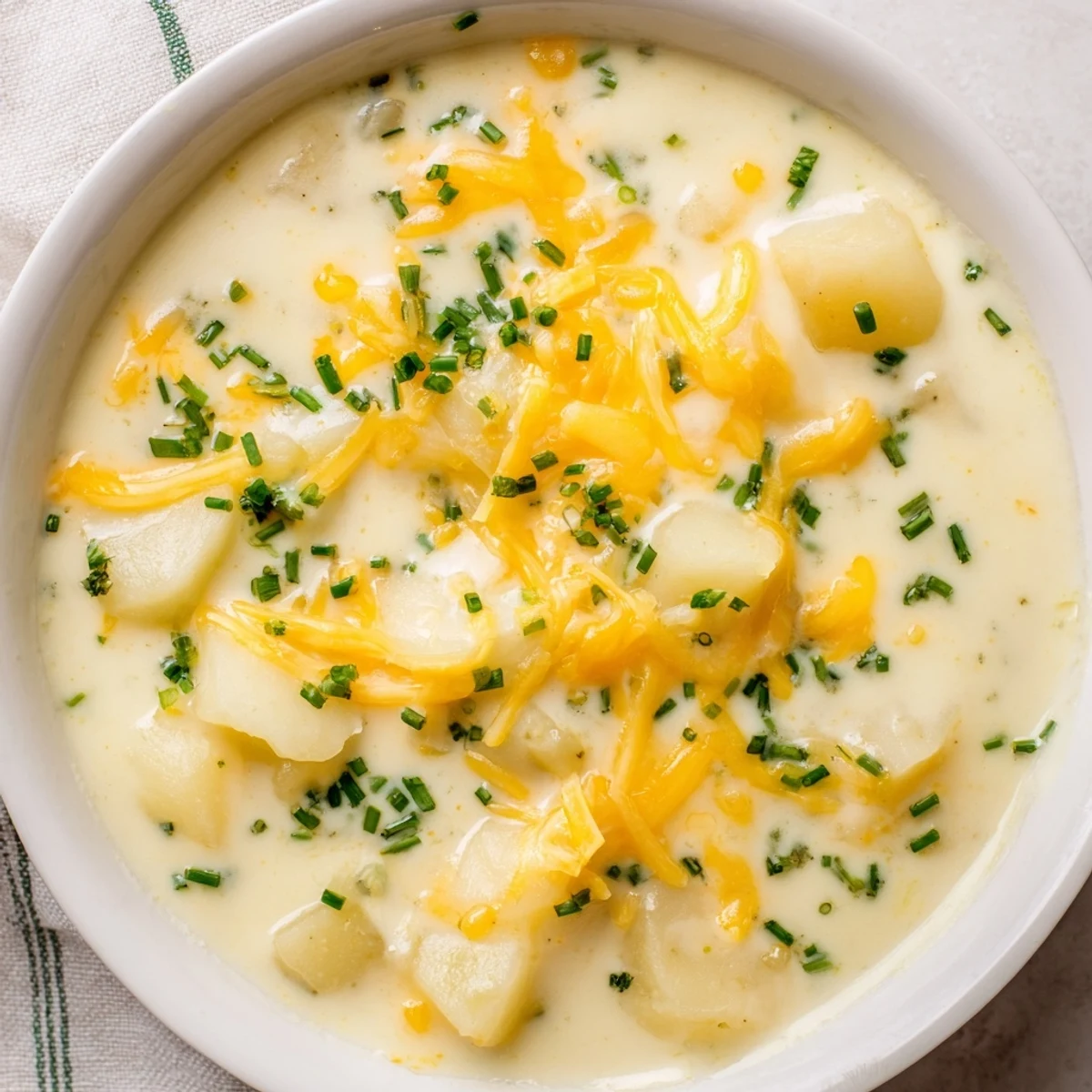 Creamy Irish Potato Soup with Cheddar and Chives, garnished with extra cheese and fresh herbs in a cozy bowl.