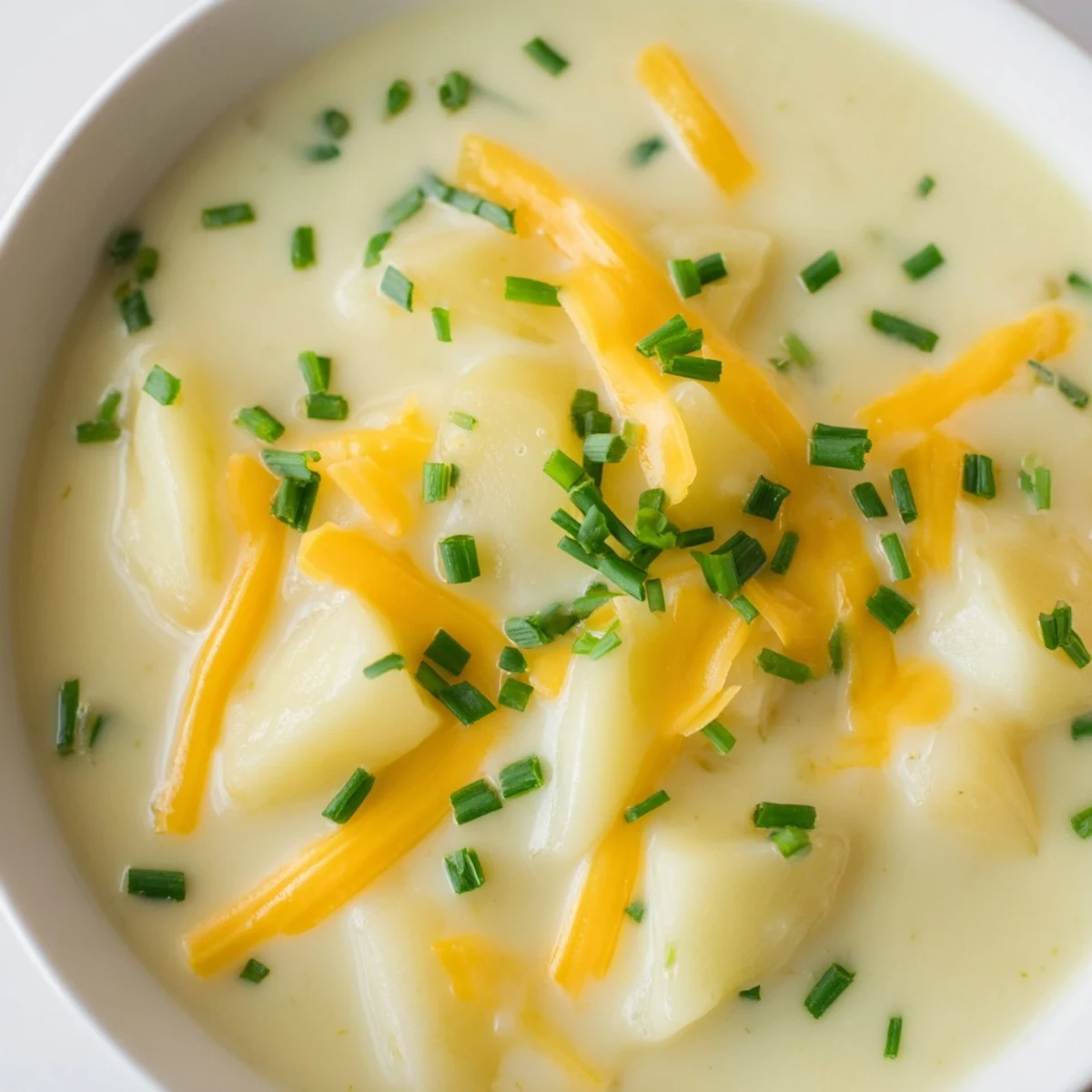 Hearty Irish Potato Soup with Cheddar and Chives paired with crusty bread for dipping on a rustic wooden table.