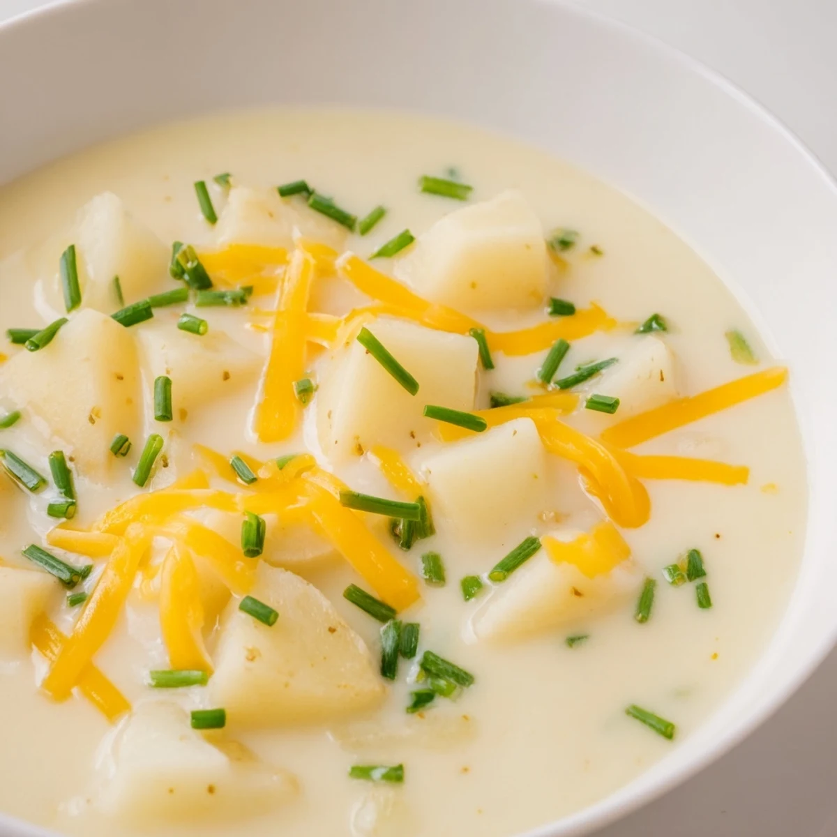Steaming bowl of Irish Potato Soup with Cheddar and Chives, featuring tender potato chunks and melted cheddar in a creamy broth.