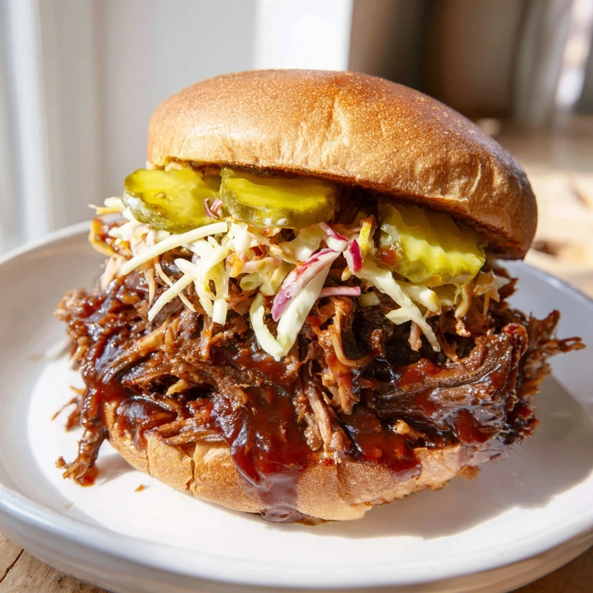 Tender, shredded beef shoulder simmered in smoky barbecue sauce and served with crunchy coleslaw and pickles.  