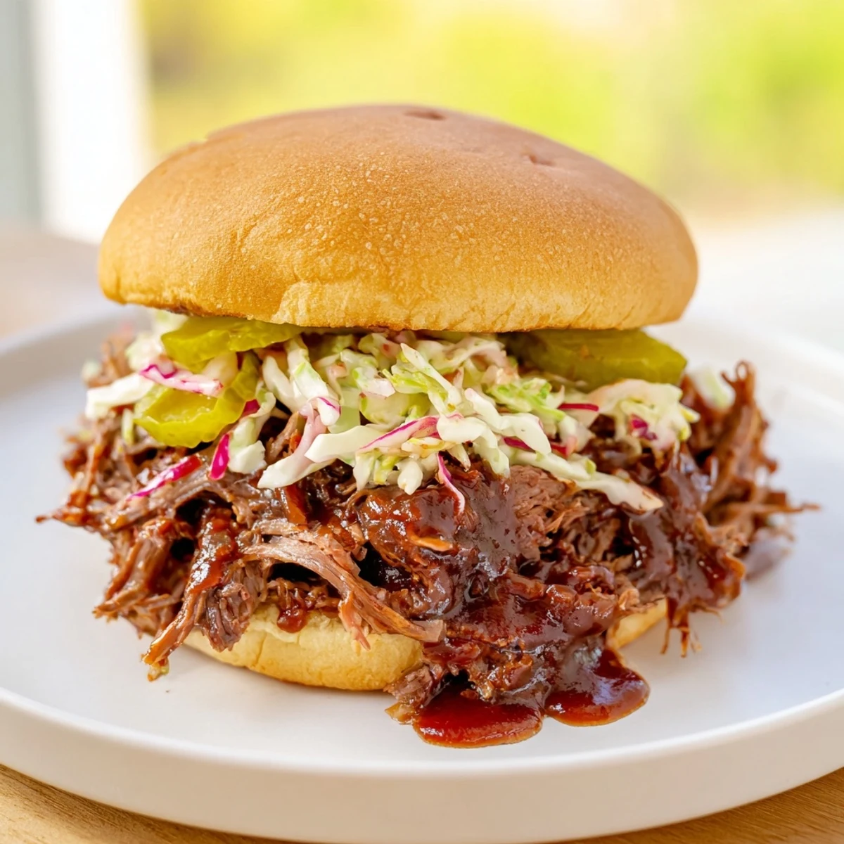 Slow Roasted Pulled Beef Sandwiches with BBQ Sauce piled high on a soft bun with creamy coleslaw.  
