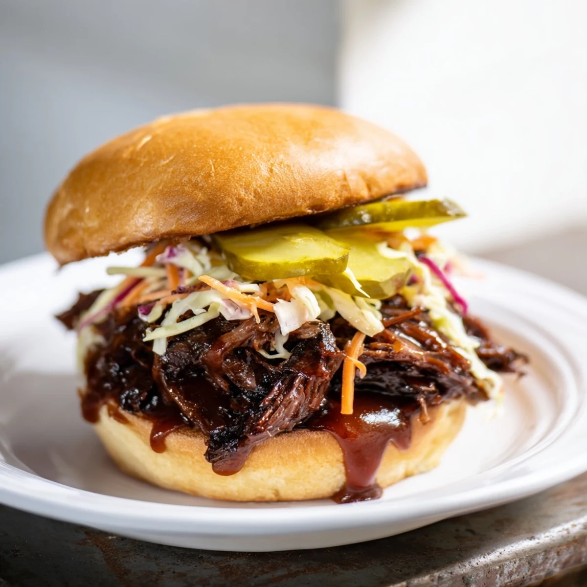 Golden toasted buns filled with juicy Slow Roasted Pulled Beef Sandwiches with BBQ Sauce, perfect for a crowd.