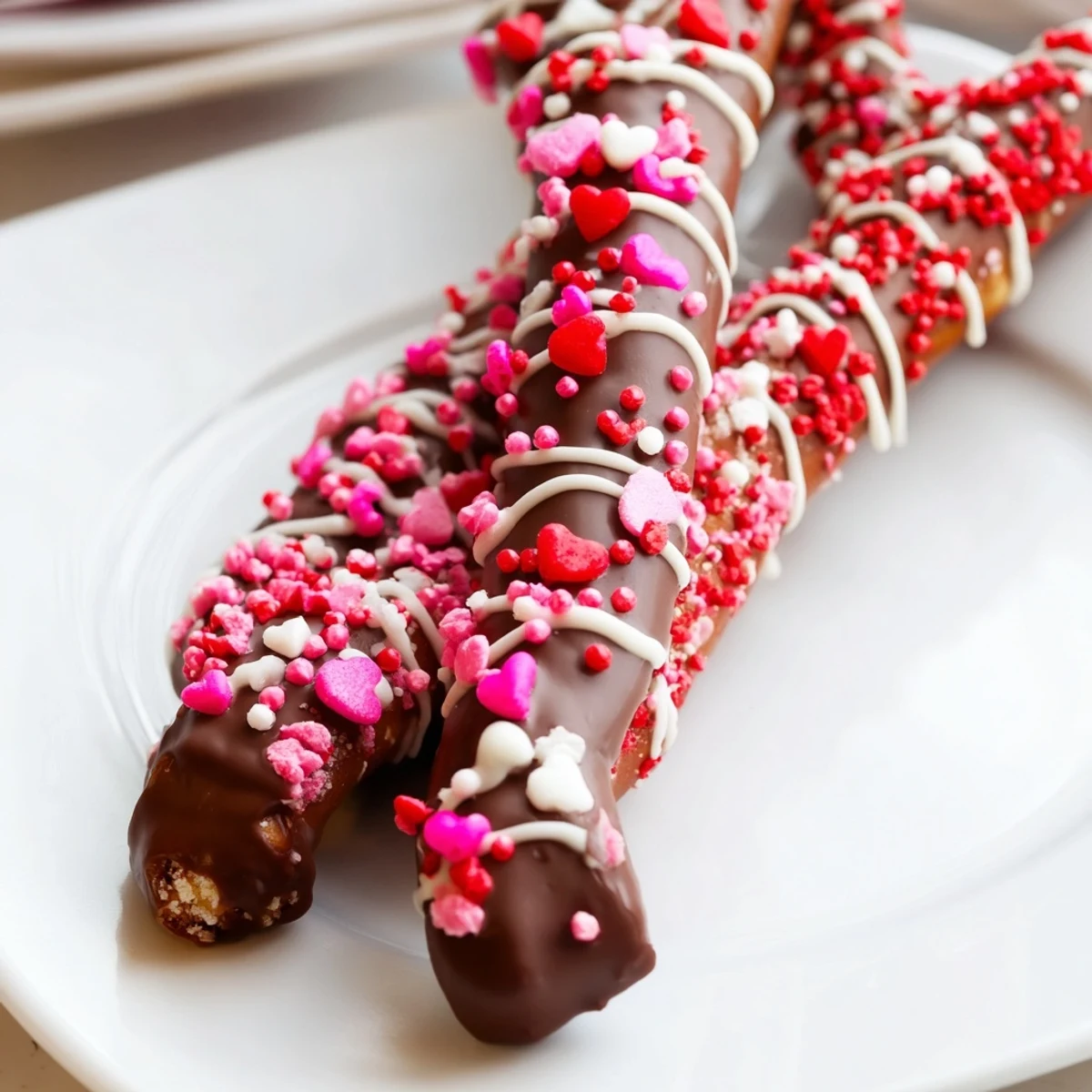 Chocolate Dipped Pretzels with Valentine Sprinkles arranged on a baking sheet with parchment, ready to set.