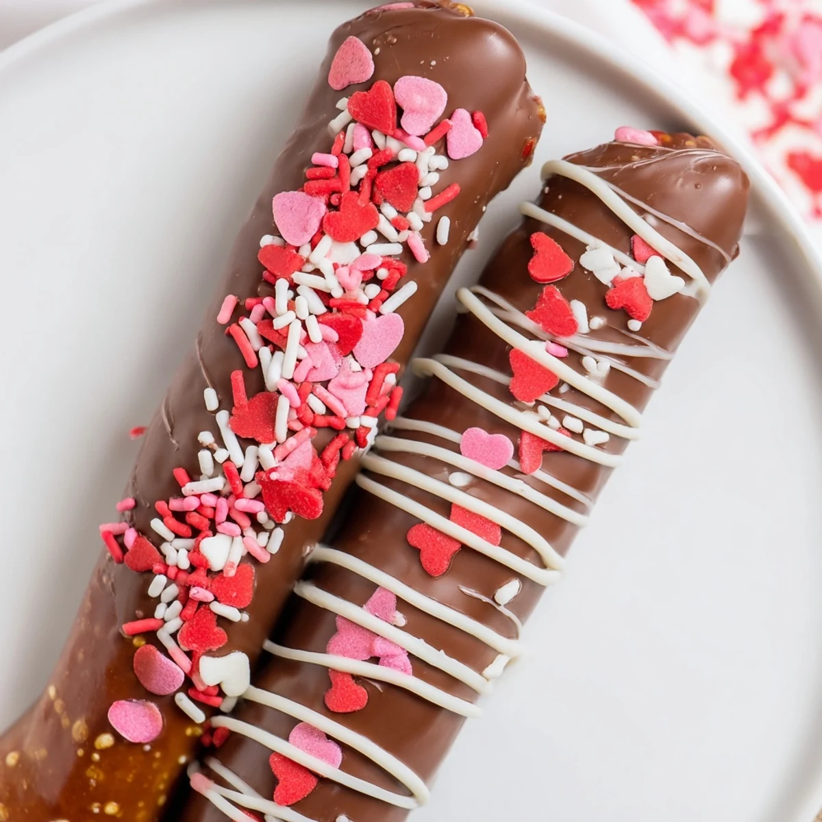 Close-up of Chocolate Dipped Pretzels with Valentine Sprinkles showing melted chocolate and festive red heart sprinkles.