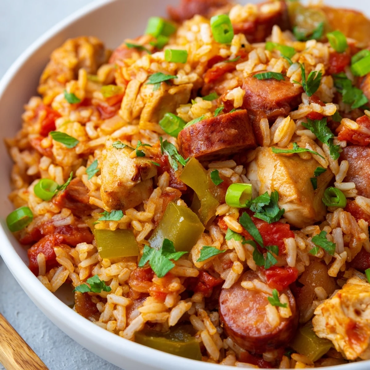 A rustic bowl of Jambalaya with Chicken and Turkey Andouille Sausage, garnished with fresh parsley and green onions.
