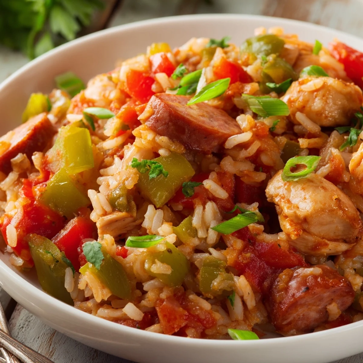 Golden seared chicken and smoky turkey andouille sausage mixed into spicy rice for Jambalaya with Chicken and Turkey Andouille Sausage.